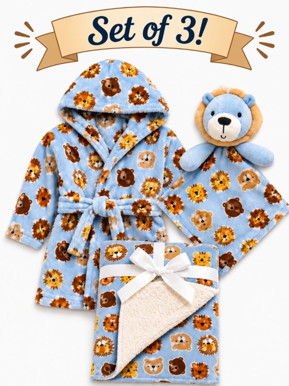 NWT Baby Essentials Baby Boy 3 Piece Gift Set | Plush Robe, Blanket & Lovey